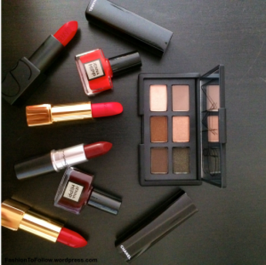 7 Fall Beauty Favorites: Chanel Rouge Allure lipsticks in "La Malicieuse” and "Passion", NARS Audacious bold lips in "Rita", Jenna Hipp 5-Free Nail Polish, and NARS "And God Created The Woman" Eye Set